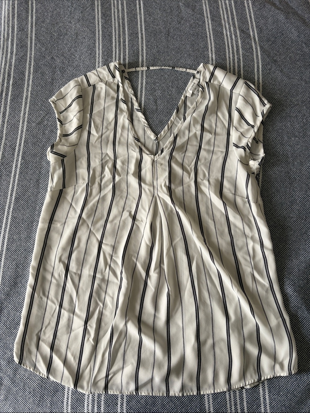 Halogen Ivory and Black Vertical Stripe V-Neck Cap Sleeve Blouse